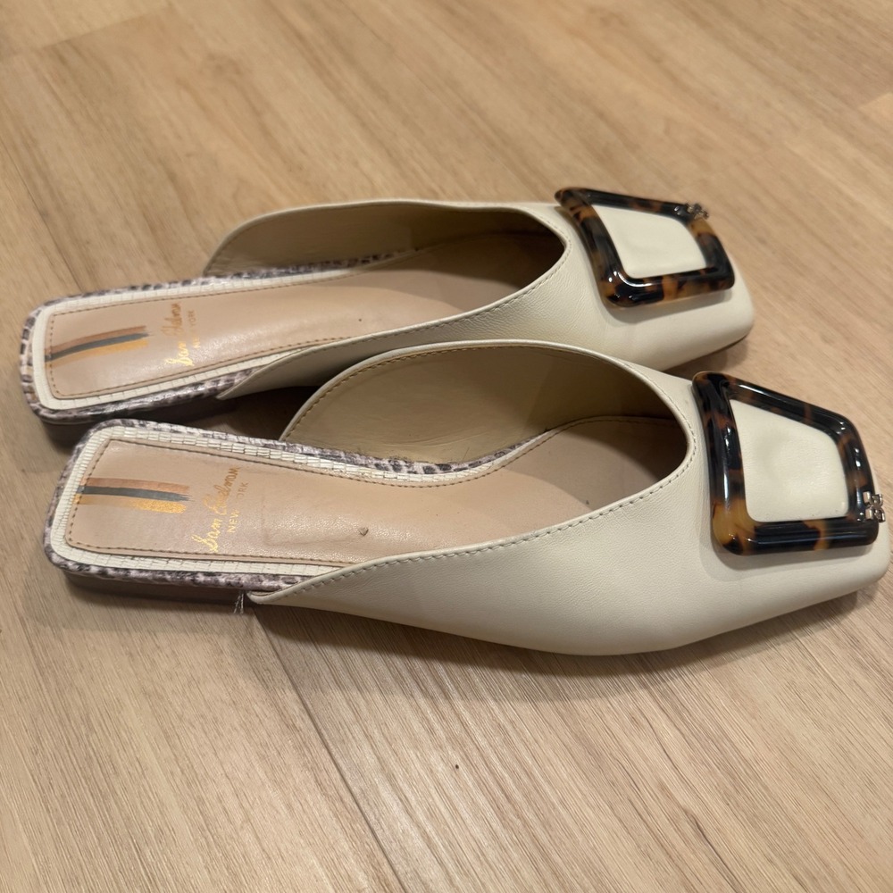 Sam Edelman Jolee Ivory Leather Tortoise Buckle Square Toe Mules Flat Womens 6.5 - Picture 4 of 8